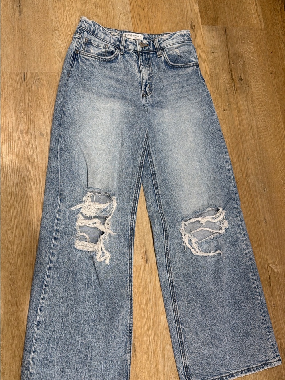 Flying Monkey Light Blue High-Rise Wide-Leg Distressed Jeans